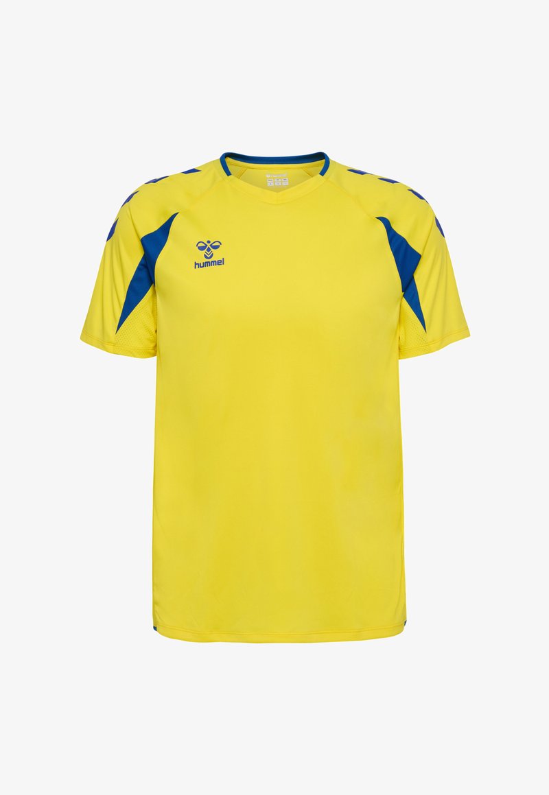 Maillot de sport jaune à manches courtes avec des accents bleus sur les épaules et sous les bras, comportant un logo hummel bleu sur la poitrine gauche.