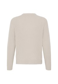 Pull en maille côtelée beige à manches longues et col rond, présenté de dos sur fond blanc.