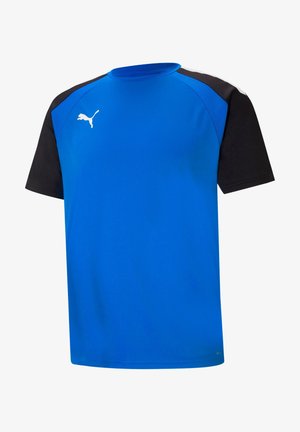 Tee-shirt de sport bleu avec manches courtes noires, encolure ronde et logo Puma blanc sur la poitrine. Fabriqué en tissu léger et respirant.