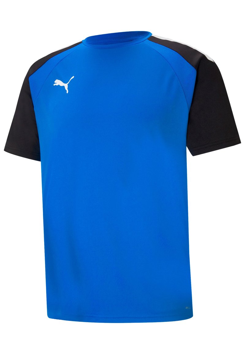 Blauwe sportshirt met zwarte korte mouwen, ronde halslijn en het witte Puma-logo op de borst. Gemaakt van lichtgewicht, ademend materiaal.