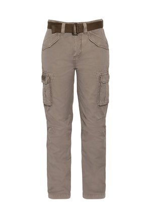 Pantalon cargo beige avec plusieurs poches et une ceinture en tissu marron foncé avec une boucle métallique rectangulaire.