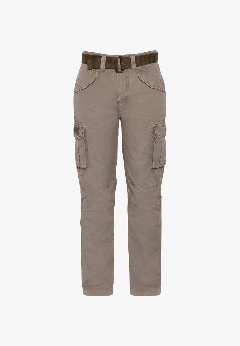 Pantalon cargo beige avec plusieurs poches et une ceinture en tissu marron foncé avec une boucle métallique rectangulaire.