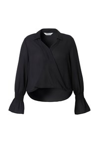 Schwarze Wickelbluse mit langen, luftigen Ärmeln und gerüschten Bündchen. Glattes, leichtes Material mit Kragen und einem cropped Design.