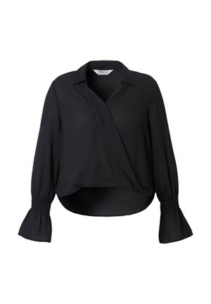 Sort indpakningsbluse med lange, bløde ærmer og smockede manchetter. Glat, letvægtigt stof med kraveudskæring og en kort design.