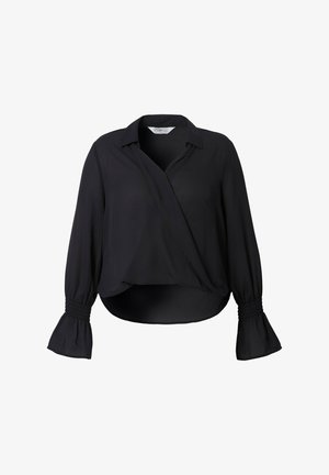 Blusa nera avvolgente con maniche lunghe e ampie e polsini arricciati. Tessuto morbido e leggero con colletto e design corto.