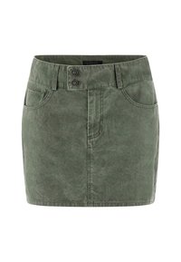 Fustă din denim khaki verde, cu o textură ușor uzată, având două buzunare frontale, fermoar la bază și închidere cu două nasturi.