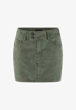 Khaki grön denimkjol med en lätt sliten textur, som har två framfickor, dragkedja och dubbelknäppning.