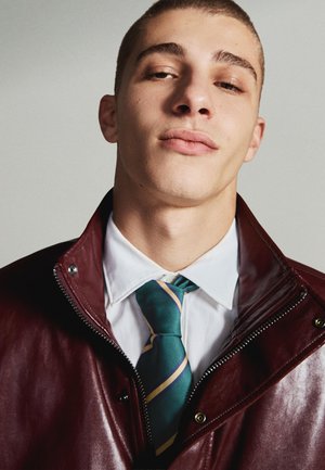Młody mężczyzna o krótkich włosach nosi zielono-żółty paskowany krawat, białą koszulę i bordową skórzaną kurtkę, patrząc pewnie w kamerę.