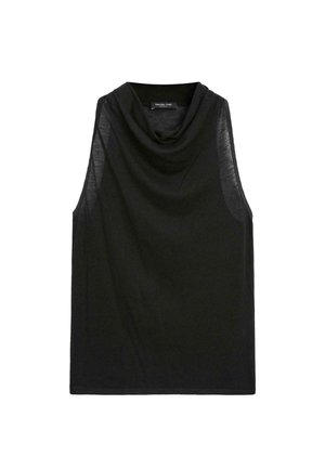 Svart ärmlös topp med draperad halsringning, tillverkad av ett lätt och mjukt tyg. Har genomskinliga sidopaneler och en rak nederkant.