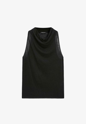 Svart ärmlös topp med draperad halsringning, tillverkad av ett lätt och mjukt tyg. Har genomskinliga sidopaneler och en rak nederkant.