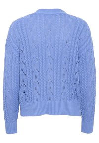 Jasnoniebieski dziergany kardigan z wzorem warkocza, ażurowym zdobieniem, ściągaczami na mankietach i dolnym brzegu. Standardowy krój z klasycznym kołnierzem.