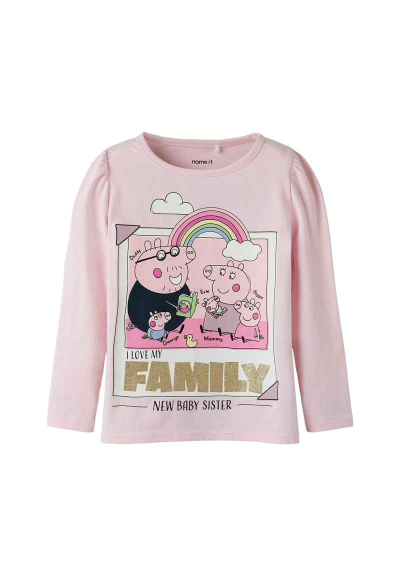 Paarse lange mouwen t-shirt met cartoonvarkens, een regenboog en de tekst "Ik hou van mijn GEZIN NIEUWE BABY ZUSJE" in glinsterend goud. Zacht katoen materiaal.