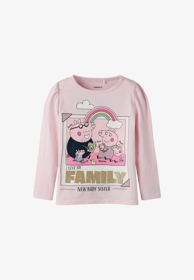 Paarse lange mouwen t-shirt met cartoonvarkens, een regenboog en de tekst "Ik hou van mijn GEZIN NIEUWE BABY ZUSJE" in glinsterend goud. Zacht katoen materiaal.