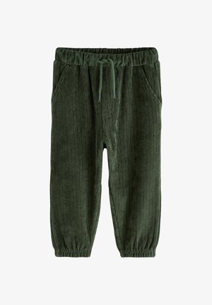 Pantaloni din tergal verde închis, cu talie elastică, închidere cu șnur, buzunare laterale și textură canelată. Design cu picior tapered.