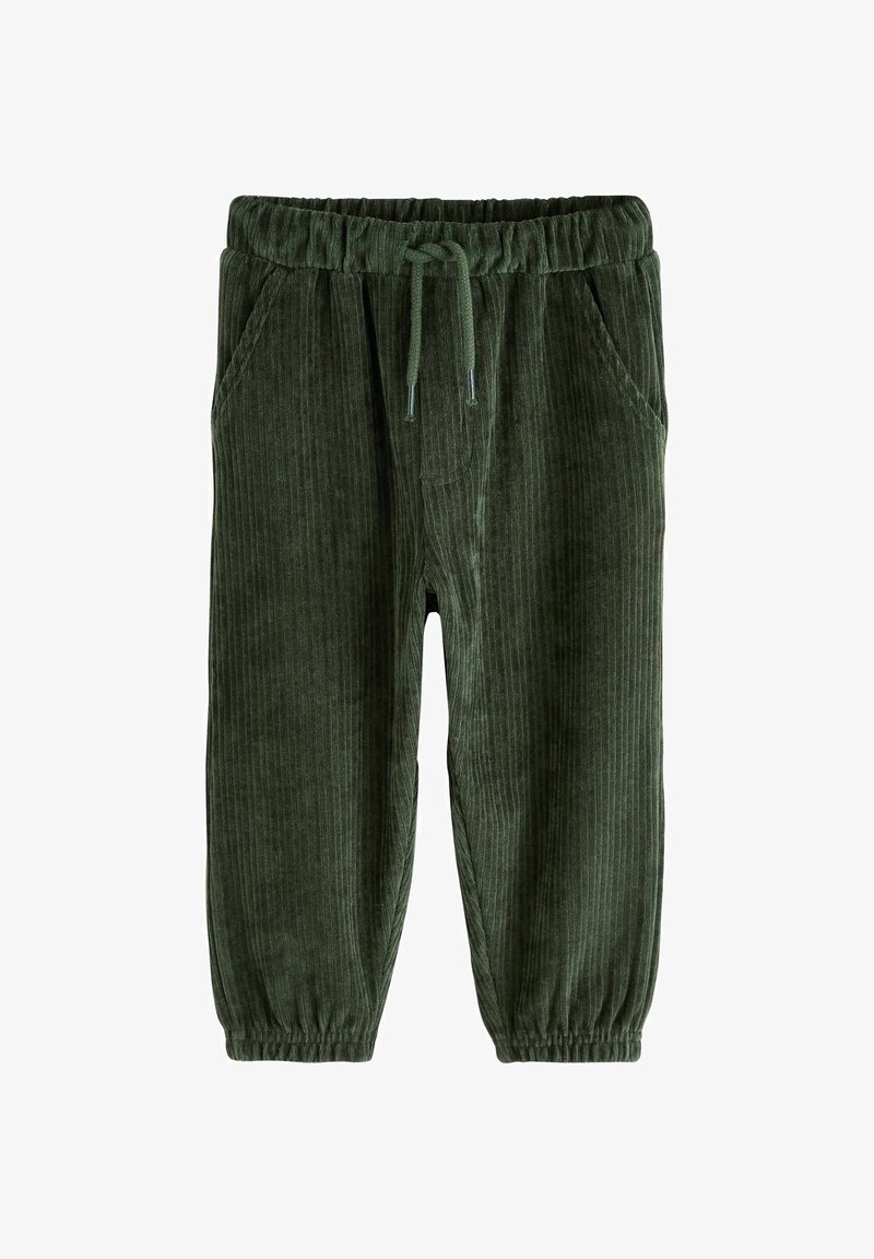 Donkergroene corduroy broek met een elastische tailleband, een trekkoordsluiting, zijzakken en ribbelstructuur. Tapered leg ontwerp.