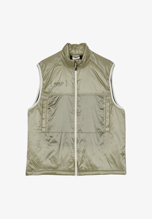 Jasno oliwkowa pikowana kamizelka bez rękawów z wysokim kołnierzem, przednim zamkiem błyskawicznym, dwoma kieszeniami i logo "HALO" na piersi.