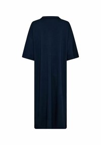 Dark navy dress with a loose fit, short sleeves, and a collar. Features a straight silhouette and soft fabric texture.