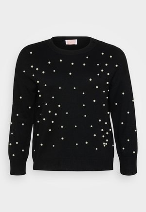 Jersey de punto negro con embellissements de perlas dispersas, cuello redondo y mangas largas con puños y dobladillo acanalados.