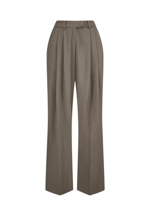 Hoge taille bruine wijde broek met plooien en riemlussen, weergegeven tegen een witte achtergrond.