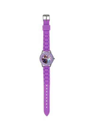 Orologio in gomma viola con cinturino testurizzato, dotato di un quadrante rotondo che mostra caratteri e numeri. Hardware in argento arricchisce il design.