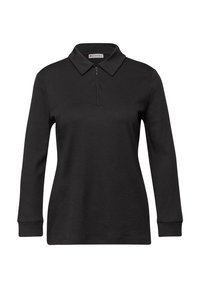 Schwarzer Langarm-Pullover mit einem Reißverschluss-Kragen. Hergestellt aus weichem Stoff, verfügt er über eine lockere Passform und gerippte Bündchen.