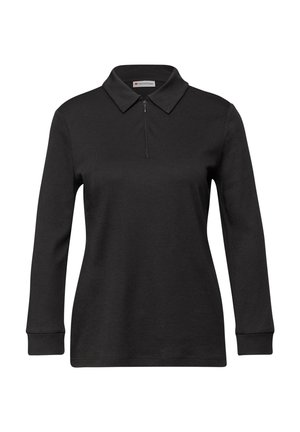 Zwarte pullover met lange mouwen en een ritssluiting bij de kraag. Gemaakt van zacht materiaal, met een relaxte pasvorm en geribbelde manchetten.