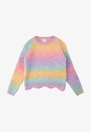 Sweter z długim rękawem, wykonany na drutach, w pastelowe, tęczowe paski z falistym wykończeniem na dole.