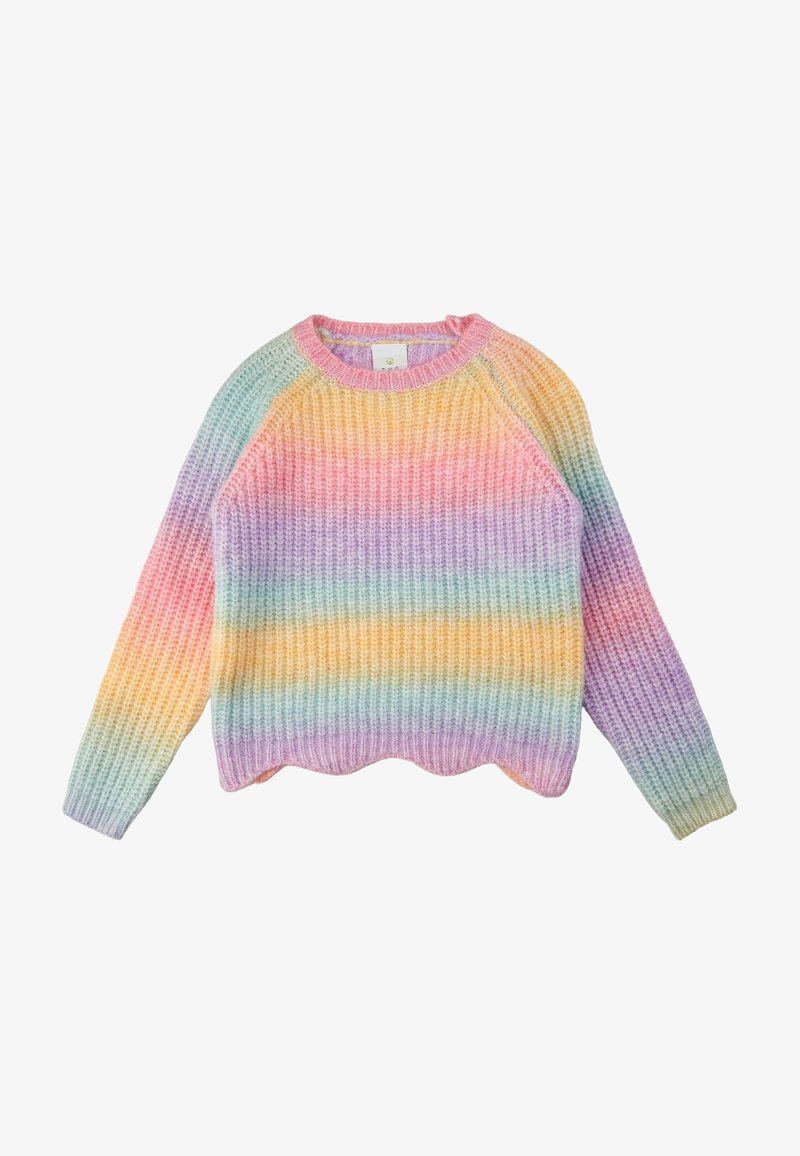 Pull en tricot à manches longues avec rayures arc-en-ciel pastel et ourlet festonné.