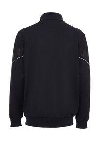 Schwarze Jacke mit hohem Kragen, ausgestattet mit strukturierten Akzenten an den Ärmeln und einer weißen Paspelierung entlang der Schultern. Leichtes Material.