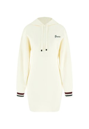 Crème-kleurige hoodie jurk met lange mouwen, verstelbare trekkoord capuchon en groen "Guess" logo. Ribgebreide manchetten hebben maroon, groen en witte strepen.