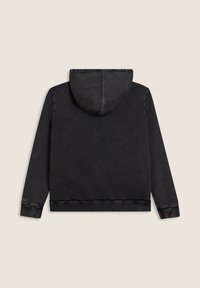 Felpa nera con cappuccio realizzata in tessuto morbido. Caratterizzata da maniche lunghe, una tasca frontale e orlo a coste. Senza grafiche o motivi visibili.