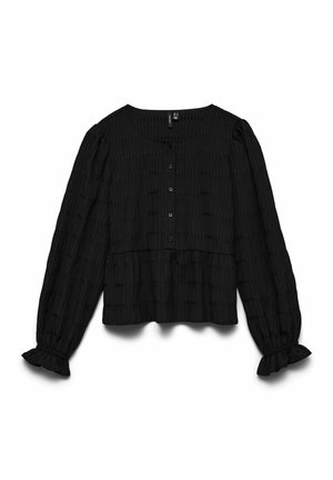 Svart langermet bluse med teksturerte horisontale striper, knapper foran, innsvingt midje og rysjekanter på ermene, lagt flatt på hvit bakgrunn.