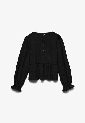 Blusa nera a maniche lunghe con righe orizzontali testurizzate, bottoni frontali, vita arricciata e polsini arricciati, distesa su sfondo bianco.