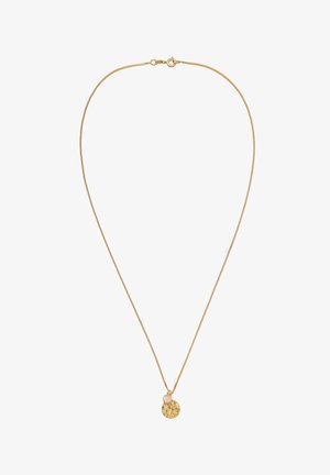 Goldene Halskette mit einem strukturierten, runden Anhänger und einem kleineren, glatten, runden Akzent. Das Design ist minimalistisch und dennoch auffällig.