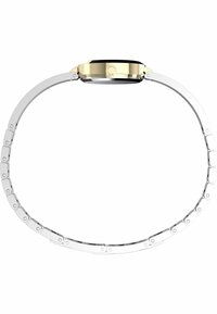 Gold and silver metal watch with a slender band featuring a polished finish. The round face has a black dial and a central knob.