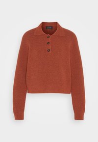 Truien in roestkleur met lange mouwen en een kraag, gemaakt van gestructureerde gebreide stof, met drie donkere knopen aan de voorkant.