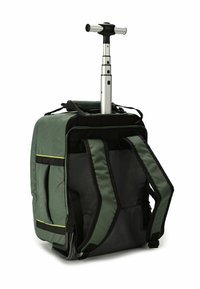 Zaino con rotelle in tessuto verde scuro, con manico telescopico metallico argentato, numerose tasche e spallacci regolabili.