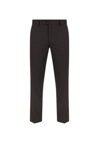 Ciemnobrązowe spodnie o klasycznym kroju z płaskim przodem, zapinane na pojedynczy guzik, z prostymi nogawkami. Wykonane z gładkiego, fakturowanego materiału.