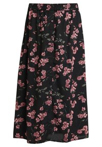 Blommig maxiklännning i svart tyg, med rosa och gröna blomster-mönster, elastisk midja och en luftig, lätt struktur.