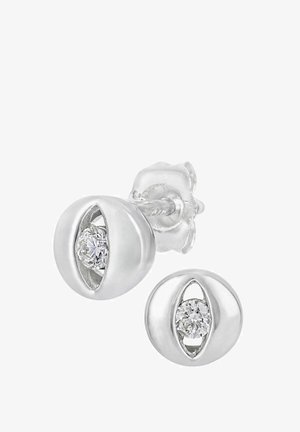 Uhani iz srebra v obliki krožnega studa s krožnim izrezom ovala, vsak z jasnim dragim kamnom na sredini.