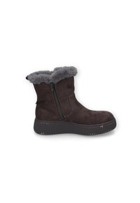 Braune Wildleder-Ankleboots mit einem grauen Kunstfellkragen, seitlichem Reißverschluss und gerippter schwarzer Sohle. Weiche Textur und lässiges Design.
