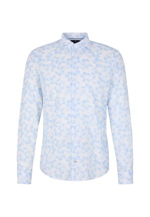Hellblaues, blumiges Button-Up-Hemd aus Baumwolle mit klassischem Kragen, langen Ärmeln und einem dezenten strukturierten Muster.
