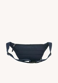 Riñonera acolchada de color azul oscuro con textura acolchada horizontal, cierre superior con cremallera, correa ajustable y diseño ligero.