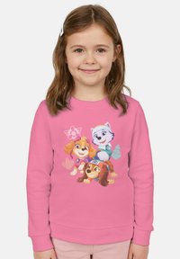 Felpa rosa con cani in cartone animato in pose giocose. Tessuto liscio con polsini e orlo a costine, che mostra colori vivaci e design giocosi.