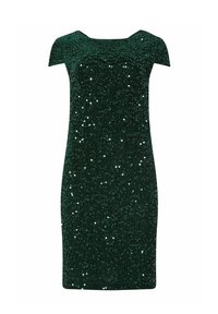 Abito verde paillettato con silhouette aderente, maniche corte e scollatura quadrata. Il materiale presenta una superficie lucida e strutturata.