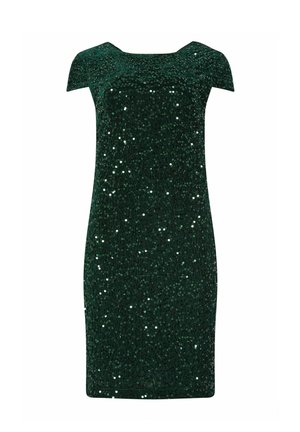 Abito verde paillettato con silhouette aderente, maniche corte e scollatura quadrata. Il materiale presenta una superficie lucida e strutturata.