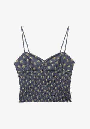 Top scurt smocat de culoare gri închis, cu bretele subțiri, având un model floral în nuanțe de galben și verde. Texturat cu țesătură adunată pentru elasticitate.