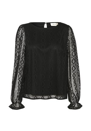 Blusa nera con maniche lunghe in pizzo a fantasia, scollatura rotonda e dettaglio a occhiello sul retro. Caratterizzata da accenti testurizzati geometrici in tutto il capo.