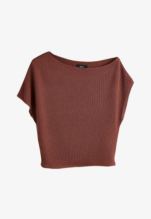 Rozsda barna rövid ujjú kötött felső széles csónaknyakrésszel és doboz szabással, kis fekete márkajelzéssel a gallér belsejében.