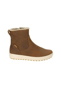 Bottes de cheville en cuir marron avec une doublure douce et texturée, un côté élastique et une semelle extérieure blanche épaisse, comprenant une languette au dos pour un enfilage facile.